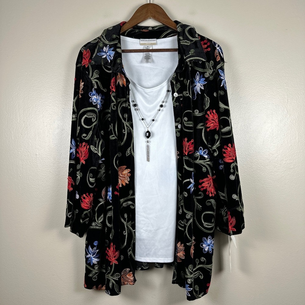 Alfred Dunner Womans 2X 2-Piece Set Black Floral Velvet Jacket Tank Necklace NEW